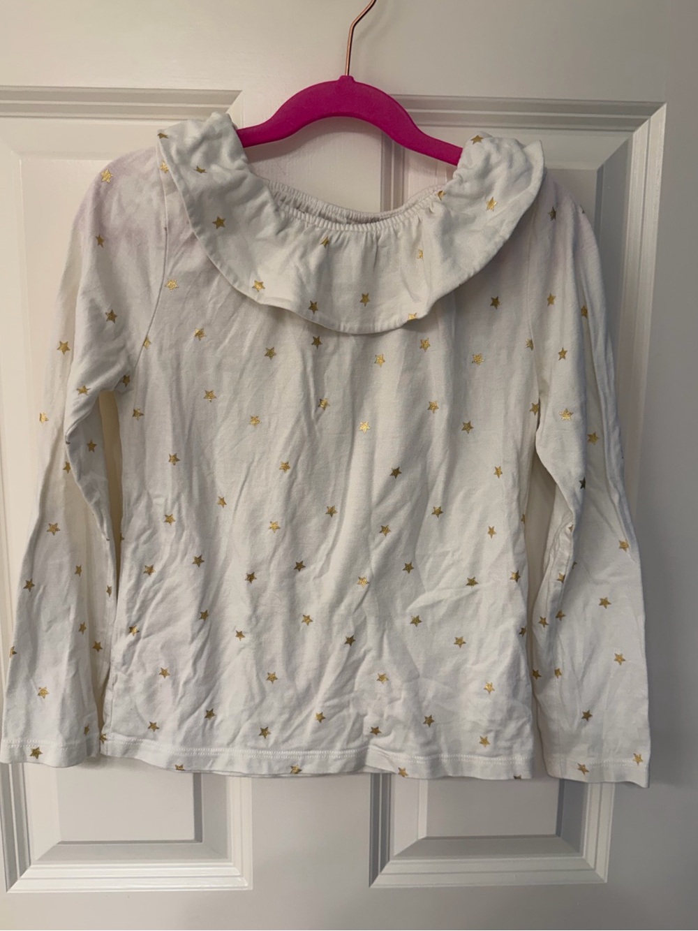 Mini Boden White Long-Sleeve Top with Gold Star Print and Ruffle Neck